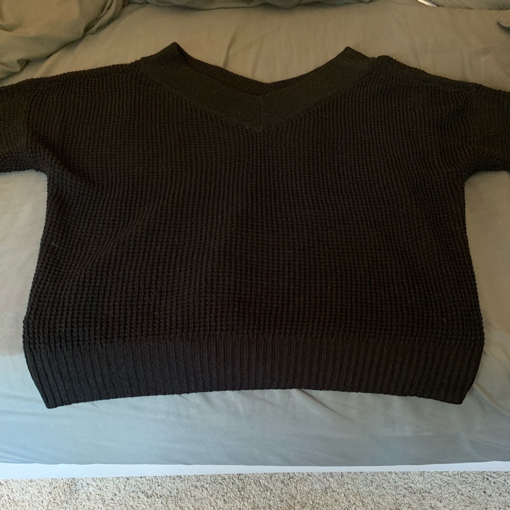 Black oversized slouchy deep v-neck knit sweater